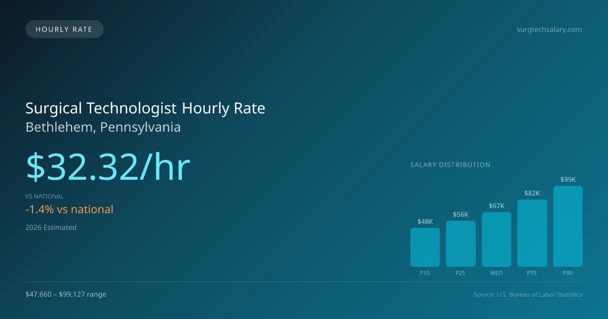 Surgical Technologist Hourly Rate in Bethlehem, PA — 2026 est., based on 2025 BLS