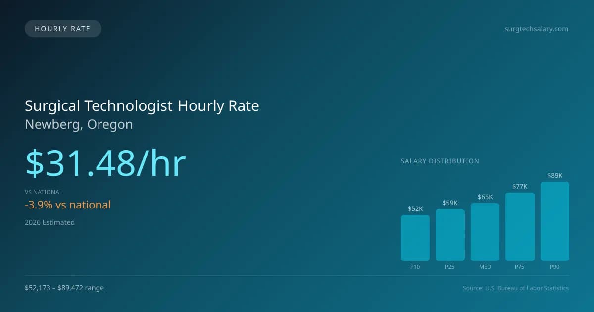 Surgical Technologist Hourly Rate in Newberg, OR — 2026 est., based on 2025 BLS
