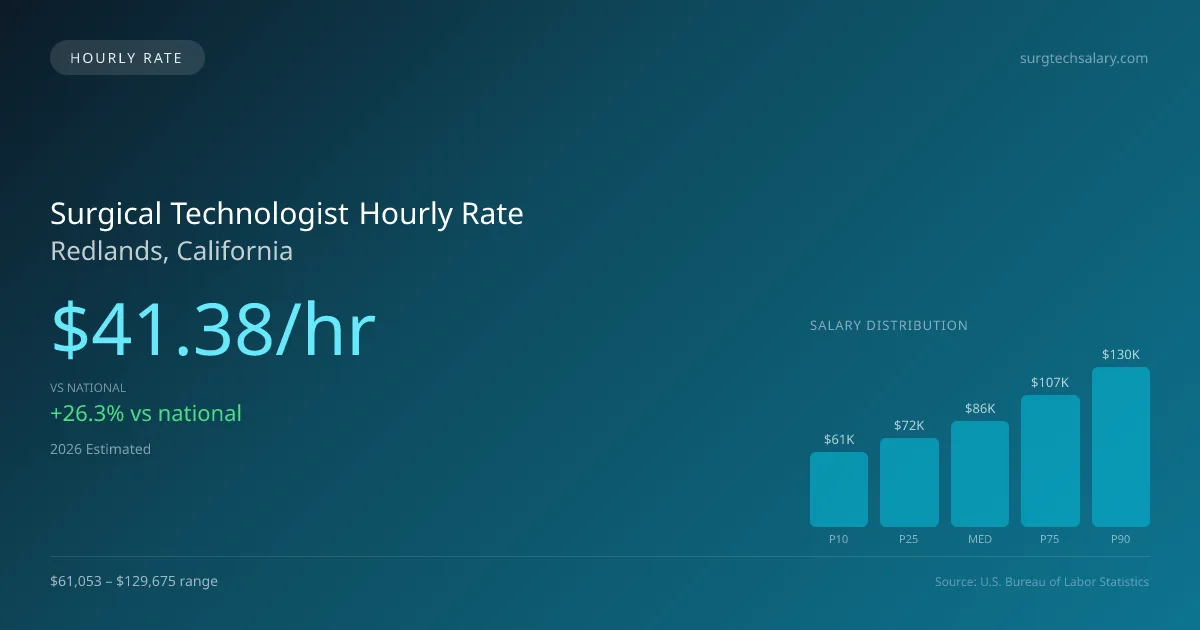 Surgical Technologist Hourly Rate in Redlands, CA — 2026 est., based on 2025 BLS