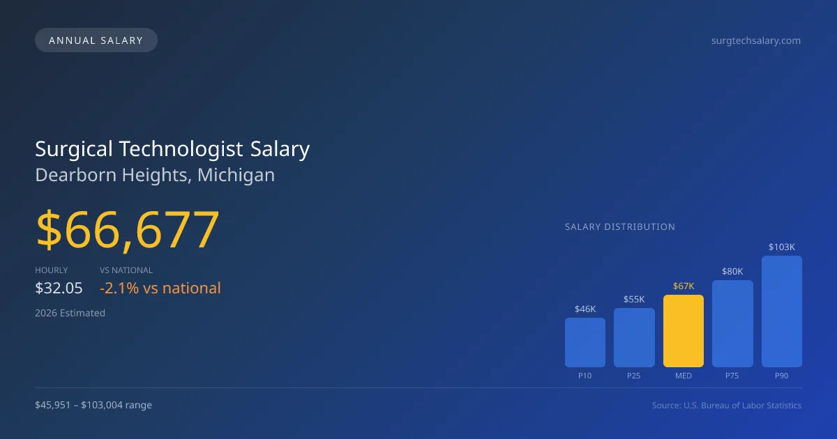 Surgical Technologist Salary in Dearborn Heights, MI — 2026 est., based on 2025 BLS